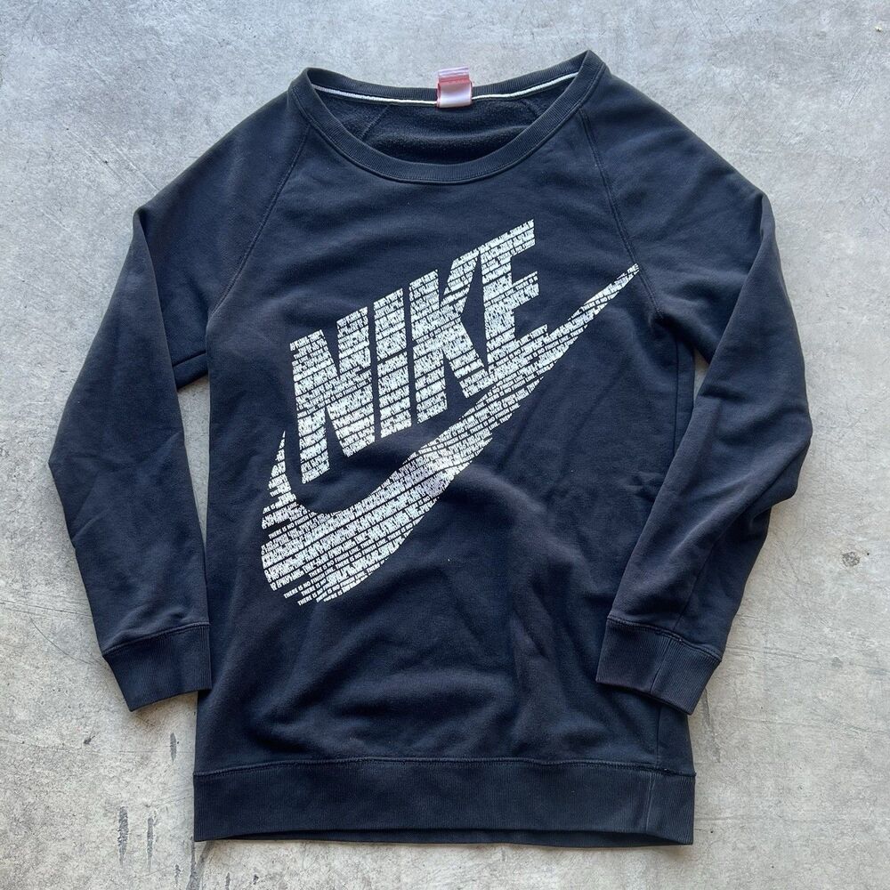 NIKE Sweatshirt Womens Small Black White Pullover Swoosh No Finish Line Crew XS